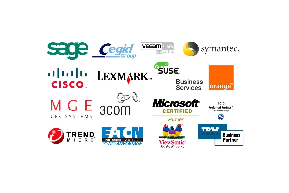 Logos : Sage, Cegid, Veeam Silver ProPartner, Symantec, Cisco, Lexmark, SUSE, Orange Business Services, MGE UPS Systems, 3Com, Microsoft Certified Partner, HP Preferred Partner 2010, Trend Micro, Eaton, ViewSonic et IBM Business Partner