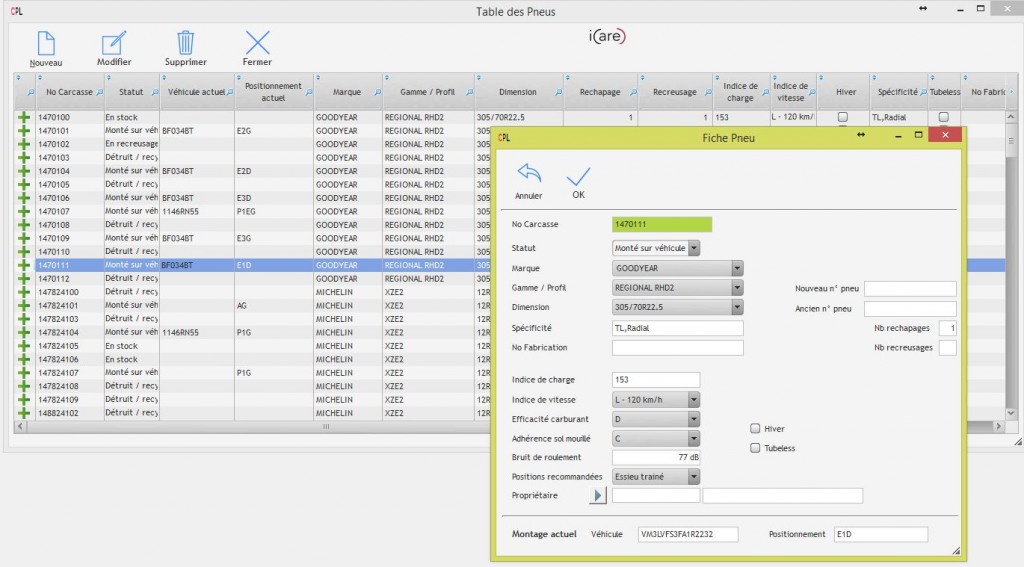 Tableau de bord - Gestion de pneumatiques ParcFleet